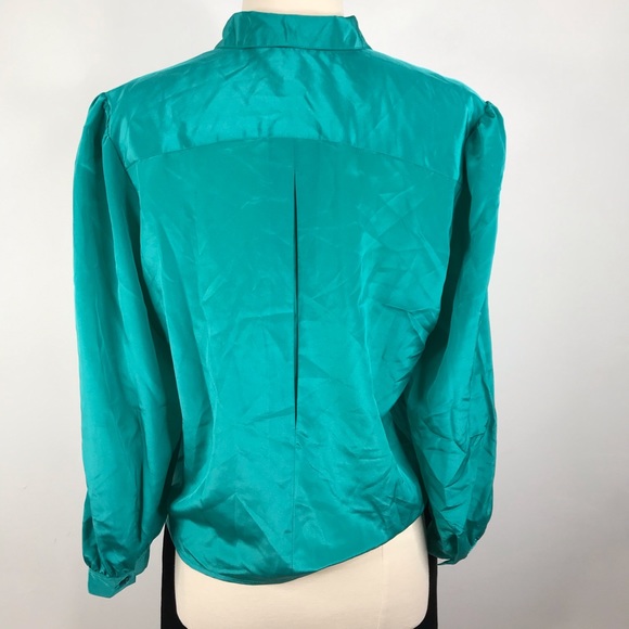 Vintage 80s Teal Front Neck Tie Button Down Blouse - Picture 10 of 11